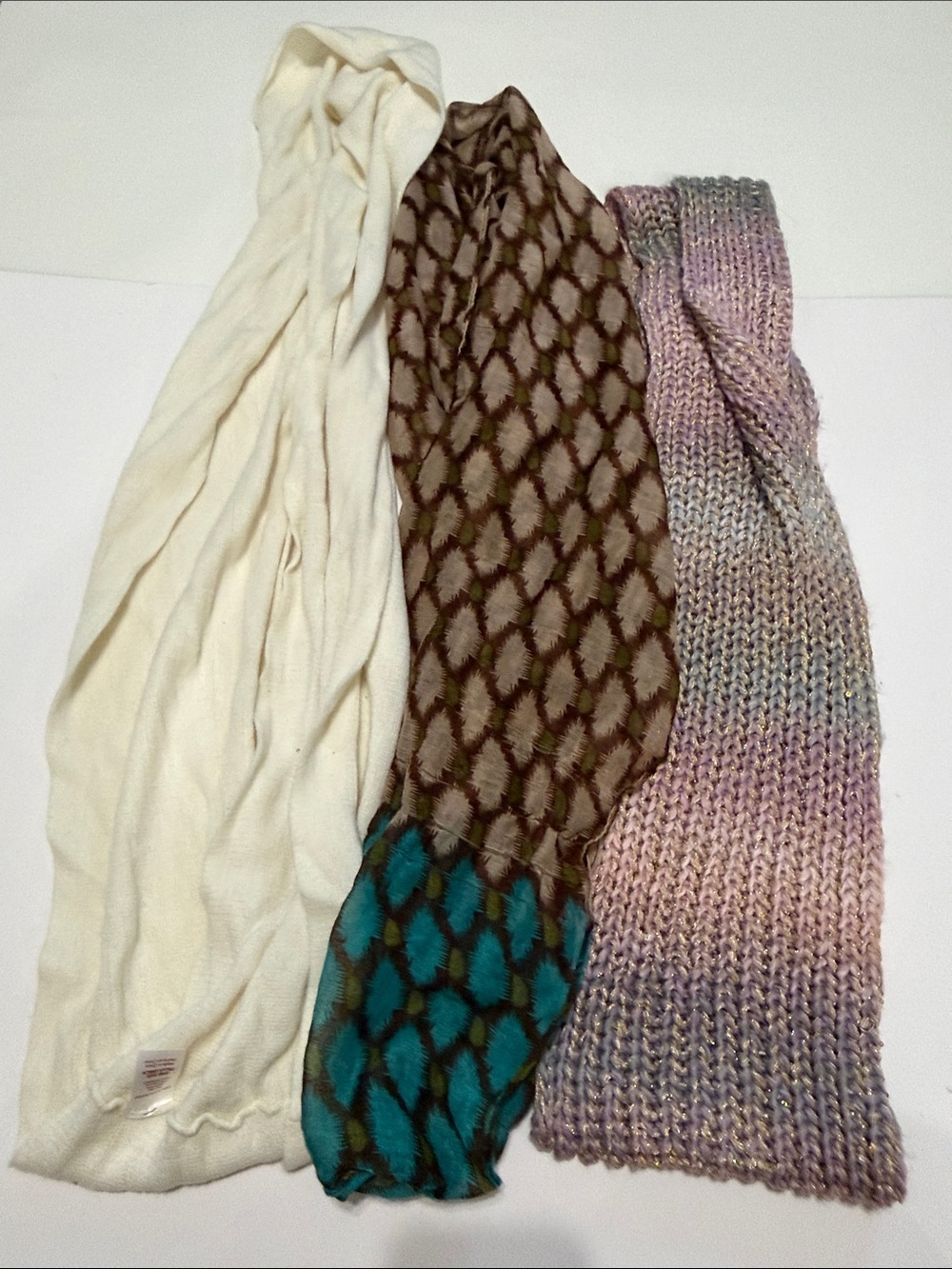 Three-Piece Women's Scarf Set — Cream, Brown/Teal & Lilac — Unbranded